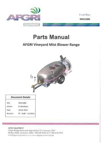 Afgri Vineyard Mist Blower Range 1000L 15000L Parts Manual