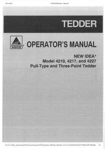 Agco New Idea Tedder Model 4210, 4217 & 4227 Pull Type & Three Point Operators Manual