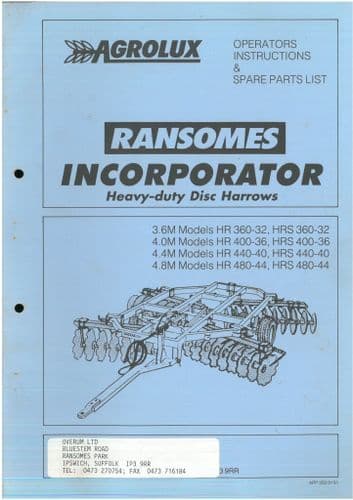 Agrolux Ransomes Heavy-Duty Disc Harrows 3.6M, 4.0M, 4.4M, 4.8M, HR360-23, HR400-36 Operators Manual