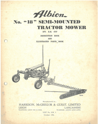Albion No. 18 Semi-Mounted Tractor Mower Operators Manual and Parts List
