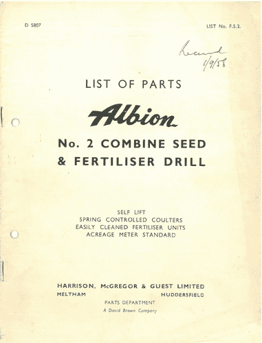 Albion No. 2 Combine Seed Drill and Fertiliser Drill Parts List