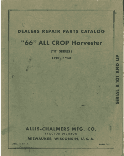 Allis Chalmers 66 All Crop Harvester Parts Manual