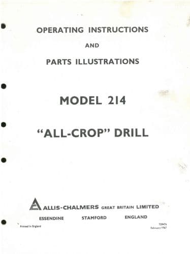 Allis Chalmers All Crop Drill Model 214 Operators Manual with Parts List