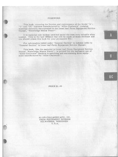 Allis Chalmers Tractor Model A U & UC Operators Workshop Manual