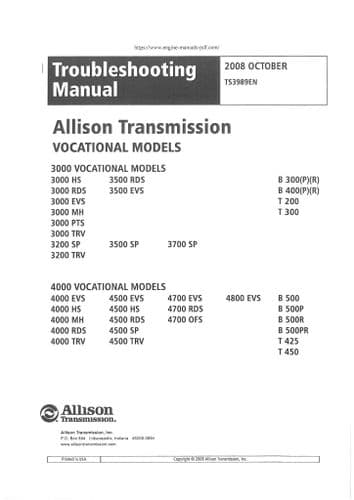 Allison Transmission Series 300 & 4000 - 3200 3500 3700 4500 4700 4800 Troubleshooting Manual