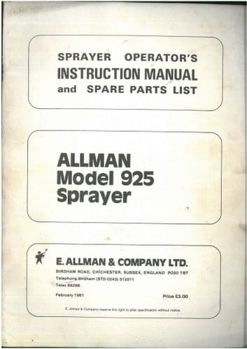 Allman Sprayer Model 925 Operators Manual with Parts List