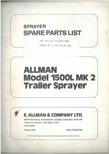 Allman Trailed Sprayer Model 1500L Parts Manual