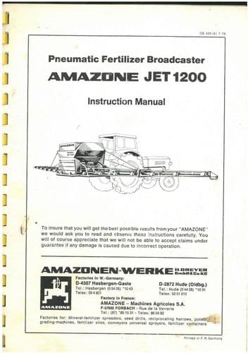 Amazone Fertiliser  Spreader Pneumatic Jet 1200 Operators Manual