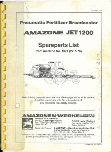 Amazone Fertiliser  Spreader Pneumatic Jet 1200 Parts Manual