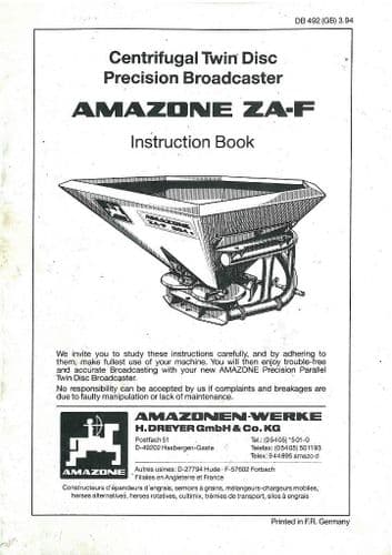Amazone Fertiliser Spreader ZA-F 403, 604, 804, 1004, 1204 Operators Manual