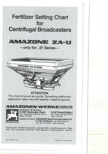 Amazone Fertiliser Spreader ZA-U - Series 01 -  Spreading Chart Manual