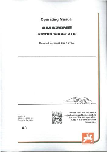 Amazone Mounted Compact Disc Harrow Catros 12003-2TS Operators Manual