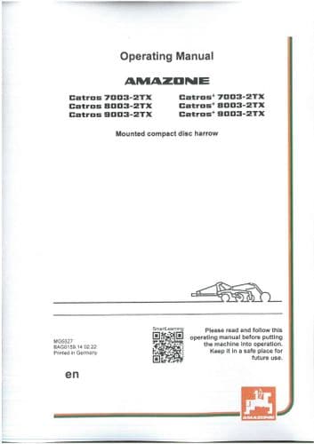 Amazone Mounted Compact Disc Harrow Catros 7003-2TX 8003-2TX 9003-2TX Operators Manual