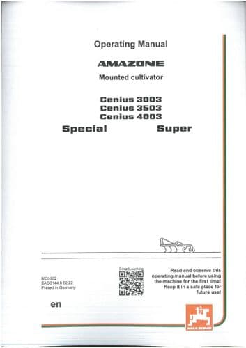 Amazone Mounted Cultivator Cenius 3003 3503 4003 Special Super Operators Manual