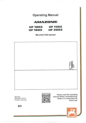 Amazone  Mounted Field Sprayer UF 1002 1302 1602 2002 Operators Manual