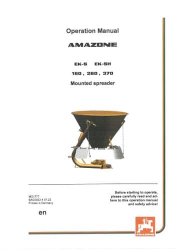 Amazone Mounted Spreader EK-S & EK-SH 150 260 370 Operators Manual