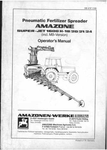 Amazone Pneumatic Fertiliser Spreader Super Jet 1600 H-18/20/21/24 Operators Manual