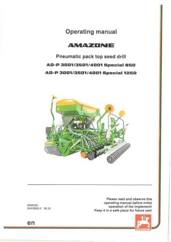 Amazone Pneumatic Pack Top Seed Drill AD-P 3001 3501 4001 Special 850 1250 Operators Manual