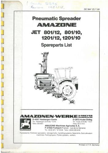 Amazone Pneumatic Spreader Jet 801/12 801/10 1201/12 1201/10 -  Parts Manual