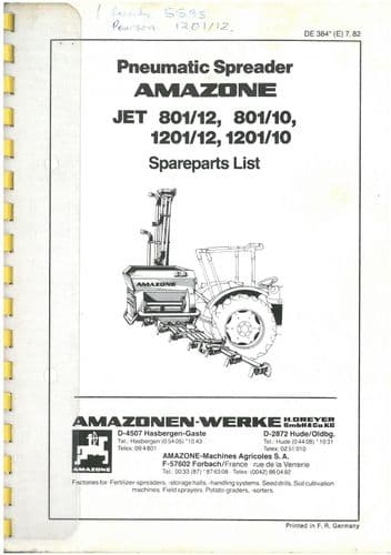 Amazone Pneumatic Spreader Jet 801/12 801/10 1201/12 1201/10 -  Parts Manual