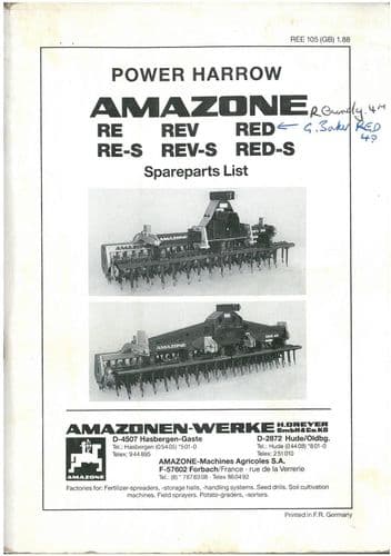 Amazone Power Harrow RE REV RED RE-S REV-S RED-S  Parts Manual