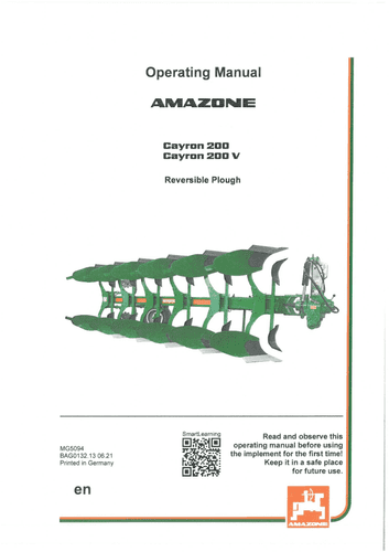 Amazone Reversible Plough Cayron 200 & 200V Operators Manaul