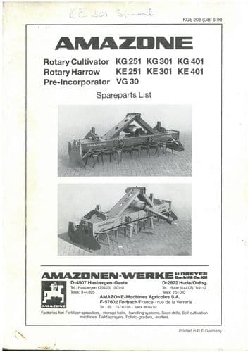 Amazone Rotary Cultivator Harrow KG251 KG301 KG401 KE251 KE301 KE401 VG30- Parts Manual