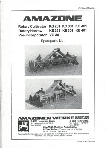 Amazone Rotary Cultivator Harrow KG251 KG301 KG401 KE251 KE301 KE401 VG30- Parts Manual - ORIGINAL