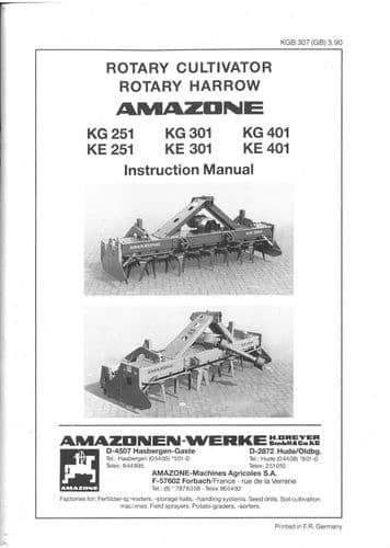 Amazone Rotary Harrow KG251 KG301 KG401 KE251 KE301 KE401 Operators Manual