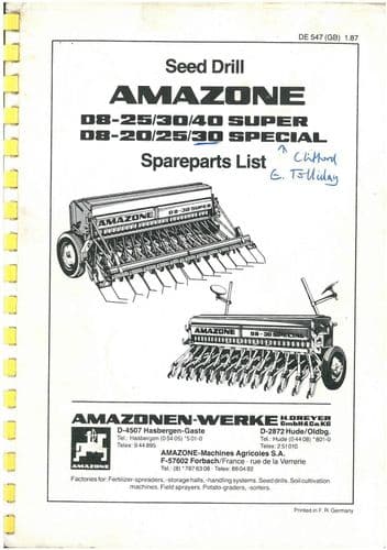 Amazone Seed Drill D8-25 D8-30 D8-40 Special Parts Manual