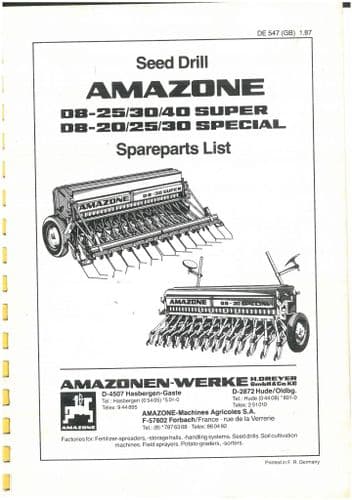 Amazone Seed Drill D8-25 D8-30 D8-40 Super  Parts Manual - ORIGINAL