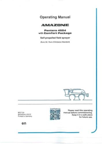 Amazone Self Propelled Field Sprayer Pantera 4504 Operators Manual