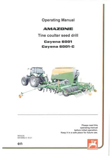 Amazone Tine Coulter Seed Drill Cayena 6001 & 6001C Operators Manual