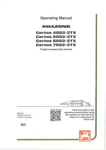 Amazone Trailed Compact Disc Harrow Certos 4002-2TX 5002-2TX 6002-2TX 7002-2TX Operators Manual