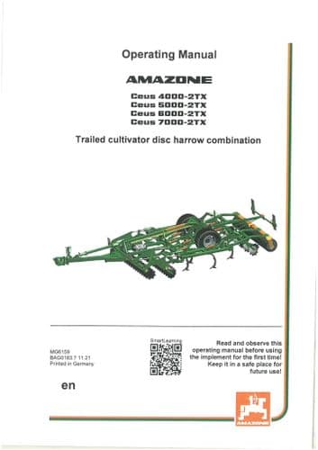 Amazone Trailed Cultivator Disc Harrow Ceus 4000-2TX 5000-2TX 6000-2TX 7000-2TX Operators Manual
