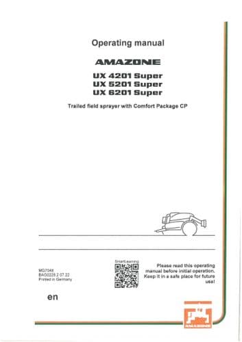Amazone Trailed Field Sprayer UX 4201 UX5201 UX6201 Operators Manual