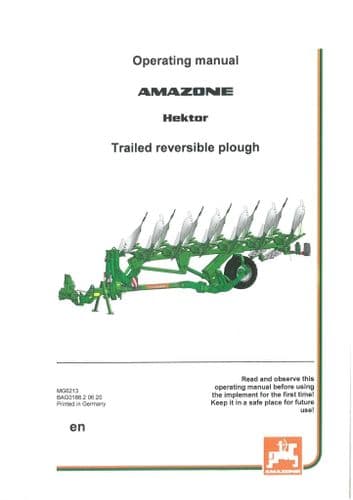 Amazone Trailed Reversible Plough Hektor Operators Manual