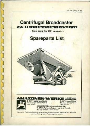 Amazone ZA-U 1001 1501 1801 2001 Centrifugal Broadcaster Parts Manual