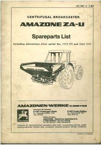 Amazone ZA-U Centrifugal Fertilizer Broadcaster Parts Manual