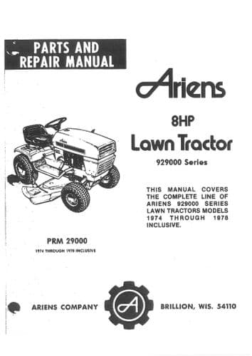 Ariens Lawn Tractor 929000 Operators Manual and Spare Parts List