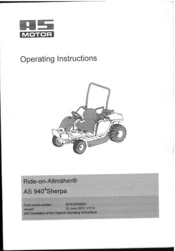 AS Motor Ride On Mower AS 940 Sherpa Operators Manual
