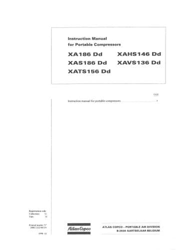 Atlas Copco Portable Compressor XA186Dd XAS186Dd XATS156Dd XAHS146Dd XAVS136Dd Operators Manual