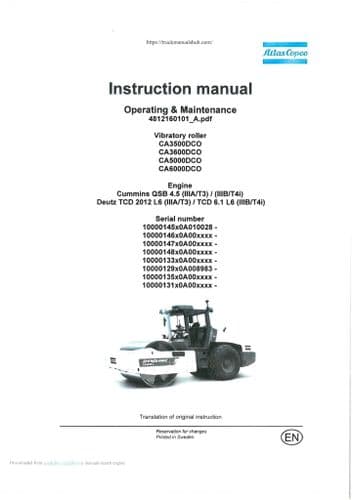 Atlas Copco Vibratory Roller CA3500DCO CA3600DCO CA5000DCO CA6000DCO Operators Manual