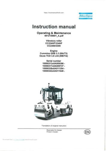 Atlas Copco Vibratory Roller CC234HF CC334HF CC2300 CC3300 Operators Manual