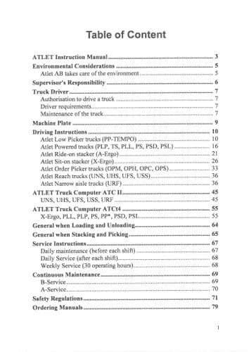 Atlet Low Picker Truck PLP TS PLL PS PSD PSL Operators Manual