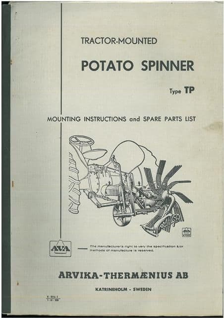 AVA Tractor Mounted Potato Spinner - Type TP Operators Manual with ...