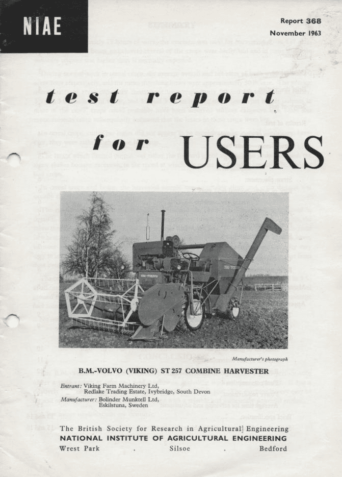 B M Volvo Viking ST 257 Combine Harvester NIAE Test Report