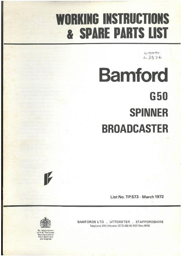 Bamford G50 Fertiliser Spreader Spinner Broadcaster Operators Manual ...