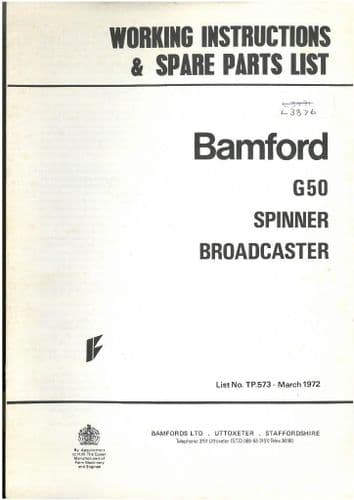 Bamford G50 Fertiliser Spreader Spinner Broadcaster Operators Manual with Parts List