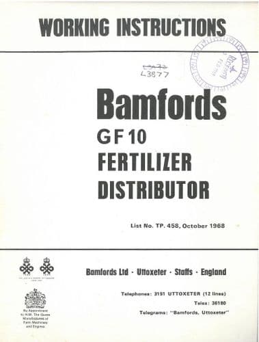 Bamford GF10 Fertiliser Distributor Spreader Spinner Broadcaster Operators Manual with Parts List